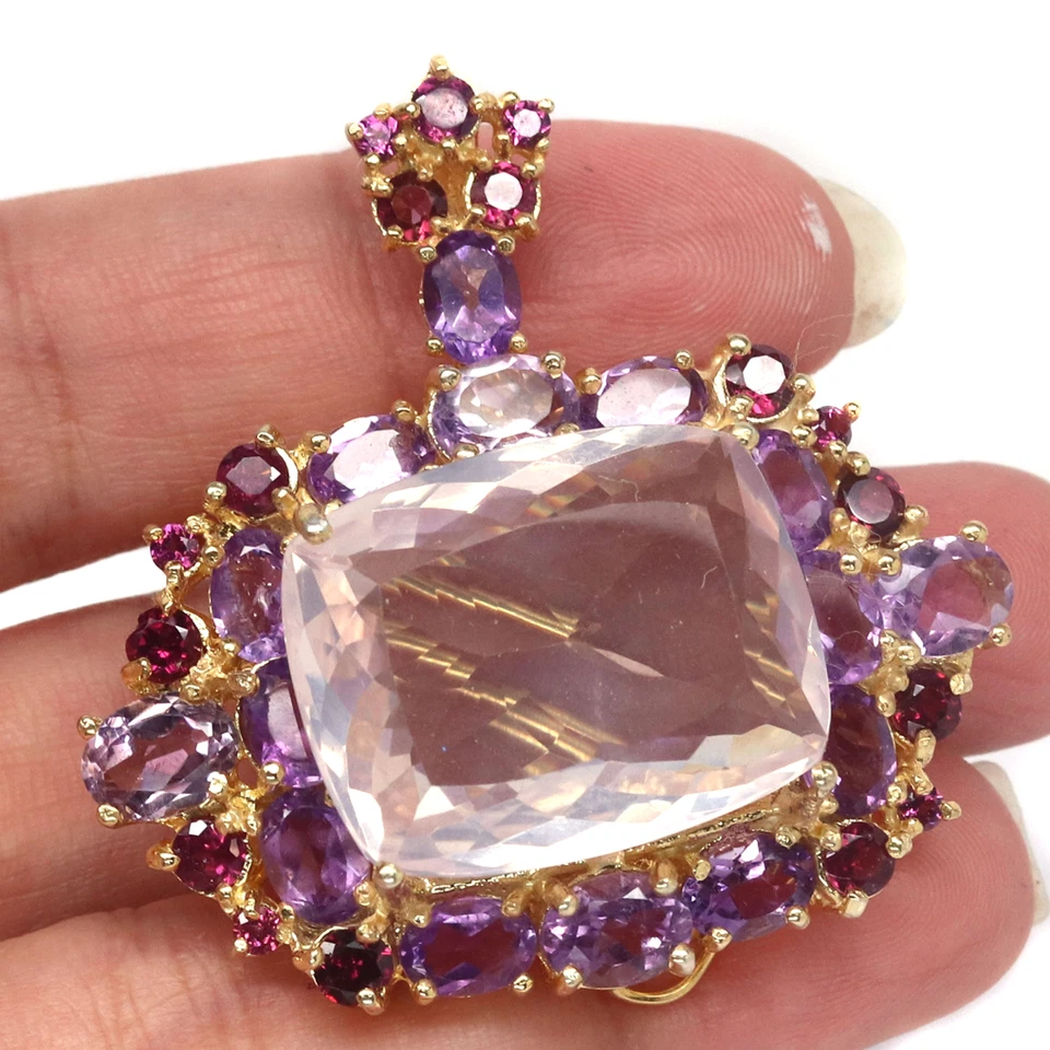 21 X 26 mm. Broche granate rodolita amatista cuarzo rosa plata de ley 925 Foto 2 de 4