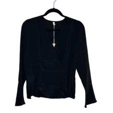 LilySilk Mulberry Silk Wrap Blouse Size L Black Peplum Waist Office Classic NEW