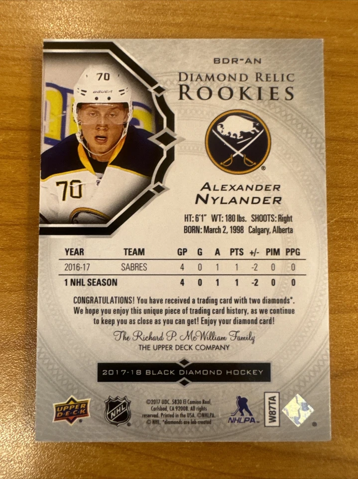 2017-18 UD Black Diamond Alexander Nylander Diamond Relic Rookie Double Diamond - Image 2 of 2