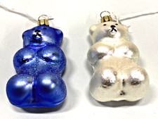 NWT 2 GUMMY BEAR GLASS CHRISTMAS ORNAMENTS Blue  White 3.5" Glitter Germany