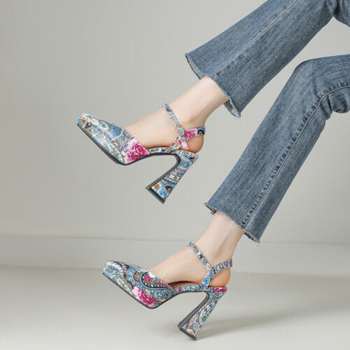 Womens Spring PU Leather Pointed Toe Buckle Straps Block Heels Casual Sexy Shoes - 第 1/25 張圖片