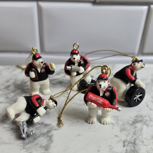 Coca-Cola Set of 5 Mini Christmas Ornaments Polar Bear Pit Crew NASCAR  - Picture 1 of 6