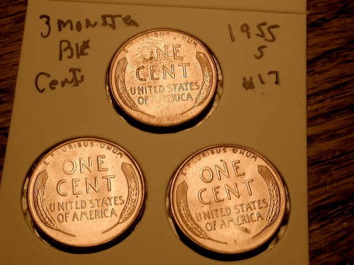 3 Different 1955-S Monster BIE Cent Errors Gem BU Unc Red Lincoln Wheat Cent#17 - Picture 3 of 3