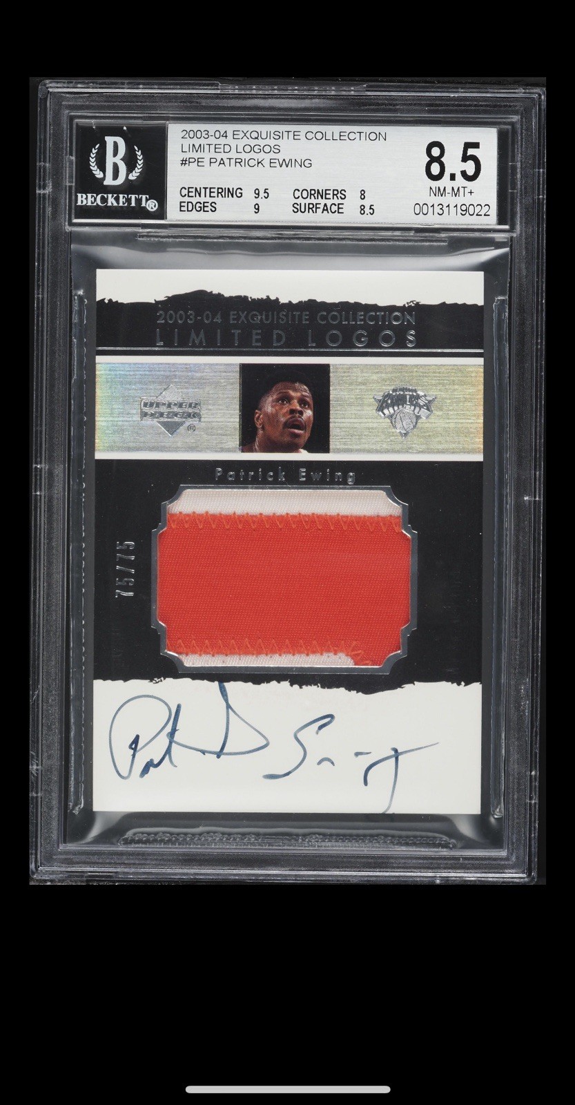 PATRICK EWING 2003 EXQUISITE LIMITED LOGOS GAME USED PATCH AUTO #/75 BGS 8.5