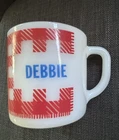VTG DEBBIE Name Mug Cup Federal Glass Red White Gingham Checkered Milk Glass