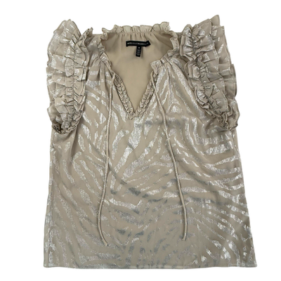 #ad #ad White House Black Market Ruffled Cap Sleeve Split Neck Metallic Top M Silver Tan $18.97