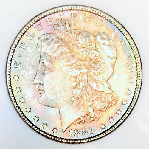1885 P MORGAN DOLLAR GEM BU+++! RAINBOW TONER BEAUTY! HUGE COLOR BOMB! NR #K2850