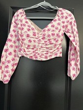 Blusa donna Zara rosa floreale increspato manica lunga cropped taglia S nuova con etichetta