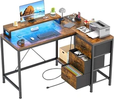 L Shaped Computer Desk PC Laptop Table with Power Outlets & Led Lights &3-Drawer