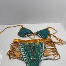 Zando Women's L Metallic Tribal Print Cutout Halter Neck 2 Piece Bikini New