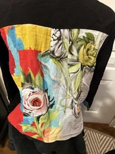 Multiples Black Top Size Large  With Multiple Colored Floral Artsy Delails