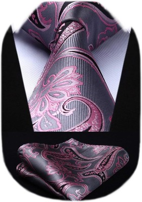 HISDERN Extra Long Ties for Men Classic Floral Tie and Pocket Square Elegant Sil