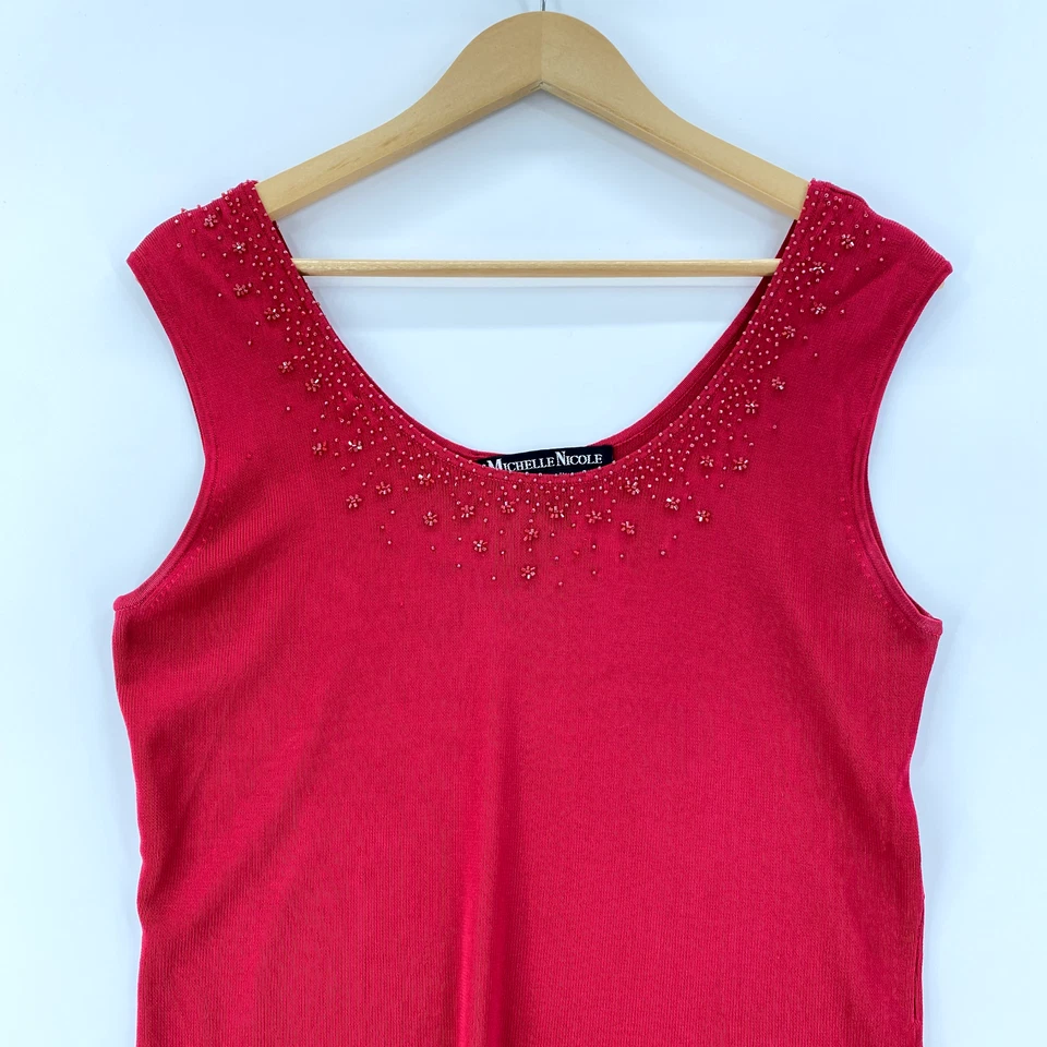 Camiseta sin mangas Michelle Nicole para mujer con cuentas XL roja brillante fiesta glamour Foto 3 de 4