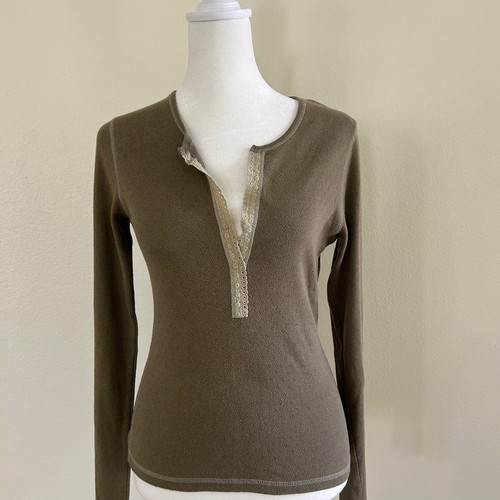 VTG Abercrombie & Fitch Womens Embroidered Henley Top Y2k Bella Swan SZL Green