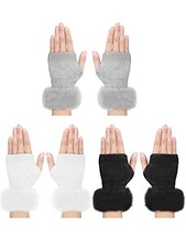 3 Pairs Faux Fur Fingerless Gloves Winter Knit Gloves Warm Fluffy Thumb Hole