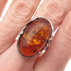 925 Sterling Silver Vintage G Poland Real Amber Modernist Ring Size 7