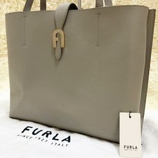FURLA SOFIA Tote Bag Genuine Leather Gray Metal Hardware USED from Japan