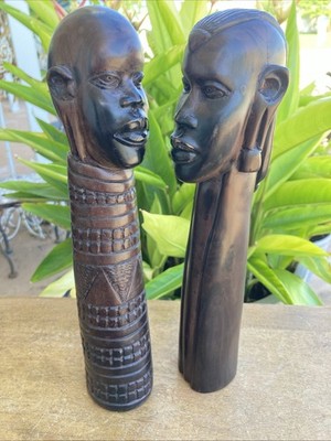 VTG African Maasai Kamba Tribe Kenya Man & Woman Hand Carved 11'' Bust Statues