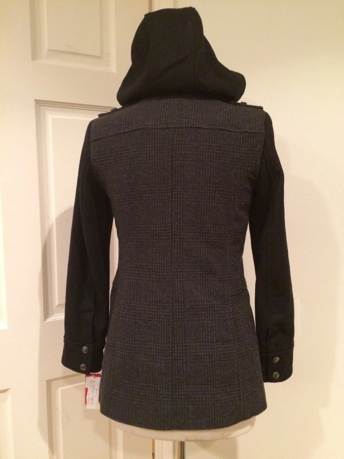 Cappotto asimmetrico Michael Kors zip misto lana trench cappuccio nero grigio 2P nuovo con etichette $360