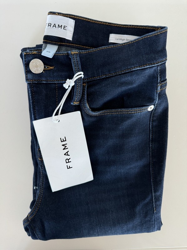 $235 New Frame Le High Straight Raw Stagger Jeans Dark Blue 26 NWT