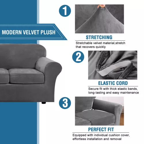 Samt Stretch Elastisch Sofabezug Wohn Couch Schonbezüge Schoner 1/2/3 Sitzer - Bild 43 von 112