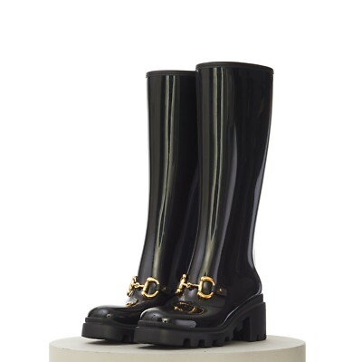 Gucci Horsebit Detail Knee-High Rubber Boot Women's Black 659707 JCCP0 1000
