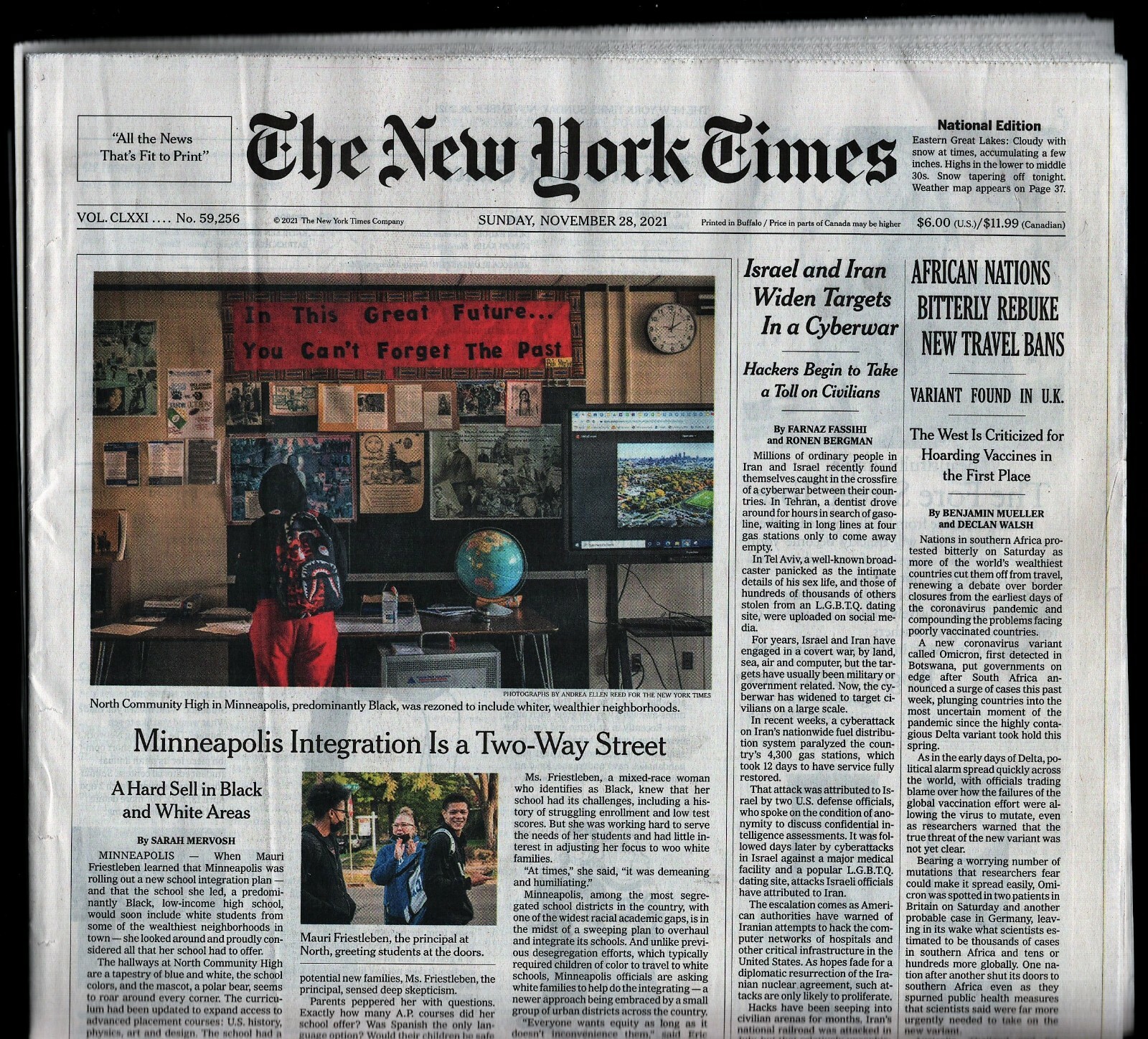 New York Times, SUNDAY Nov 28 2021 Iran Israel Cyberwar Africa Travel 122721WEEM