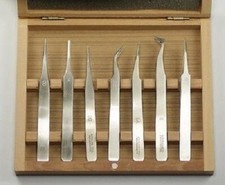 QUALITY TWEEZERS set wood box x7 watch watchmakers jewellery arts crafts UK