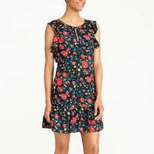 J Crew Floral Flutter Sleeve Shift Dress Size XS Black Red Multi Color Casual