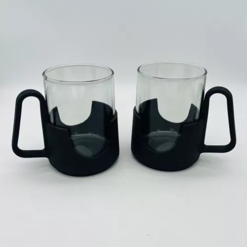 MCM Corningware Glass-Snap II Coffee Mugs Removable Black Plastic Base Set/2
