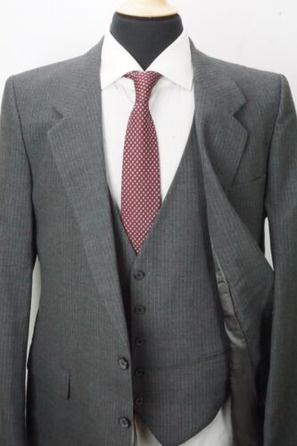 Yves Saint Laurent VTG Gray Pinstriped Wool 3 Pc Suit Jacket Pants Vest Sz 40L - Picture 1 of 9