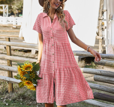 Casual Plaid Short Sleeve Buttons Women's Midi Long Dress for Holiday | eBay