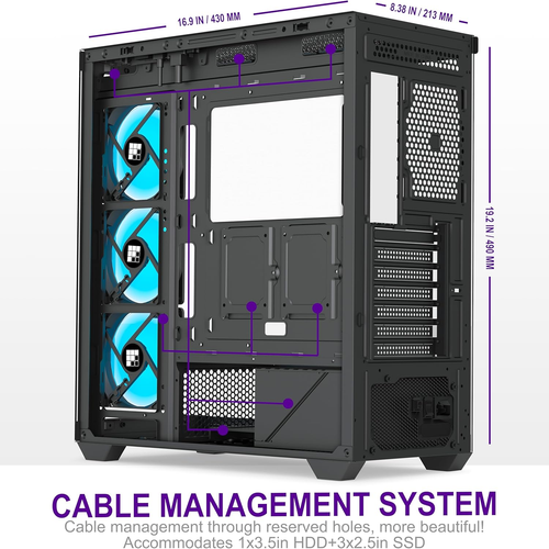 PC Case - Pre-Installed 3 PWM ARGB Fan, ATX Mid-Tower Gaming PC Case, with Type- - Picture 7 of 8
