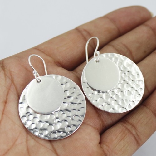 925 Sterling Silver Large Hammered Round Dangle Drop Earrings Handmade Z90 - Picture 2 of 8