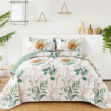 Anibedding Floral Quilt Set Full3 Pieces Reversible Elegant Green Leaves