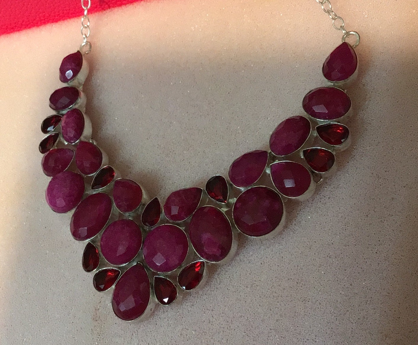 925 Silver Plated Simulated Ruby Garnet Big Clust… - image 6