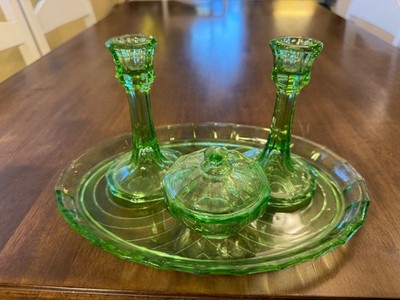 Art Deco Uranium Glass Vanity Dressing Table Set 1930s Vtg Tray Candlesticks jar