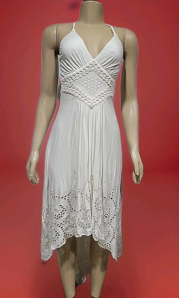 Vestido Halter Marca Sky Talla S Marfil Alto-Bajo Corte Láser Crochet Encaje #11 Foto 2 de 4