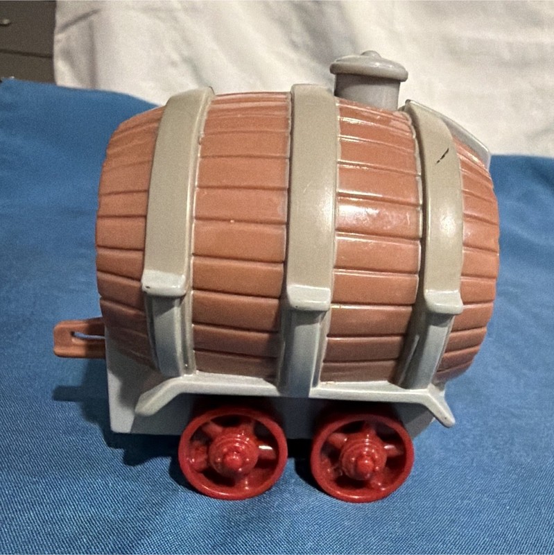 Vintage Toy Barrel Wagon Cart Accessory Brown/Gray with Red Wheels