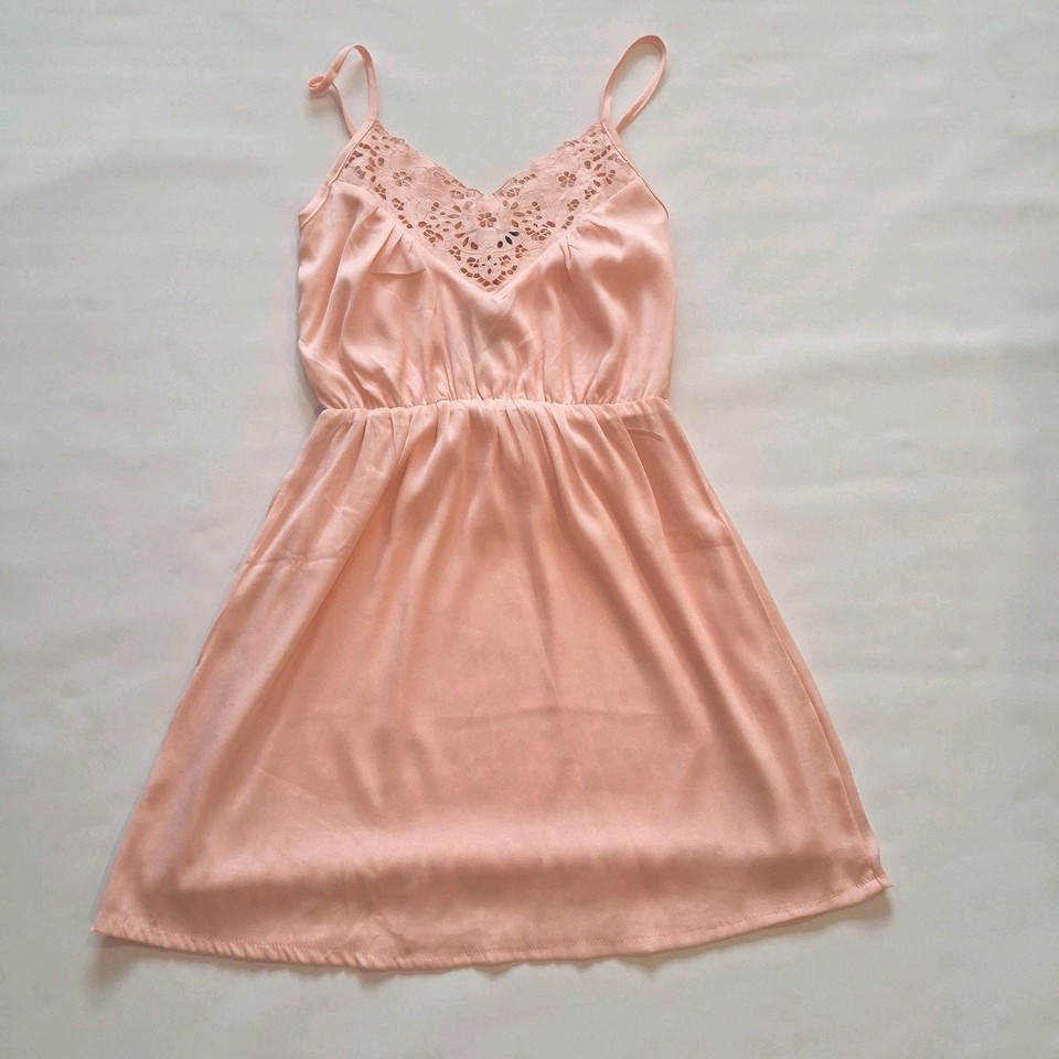 Reverse Coquette Satin Slip Mini Dress Size Med Peach Lace Cami Balletcore 