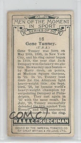 1928 Churchman's Men of the Moment in Sport Tobacco Small Gene Tunney #16 - Image 2 of 2