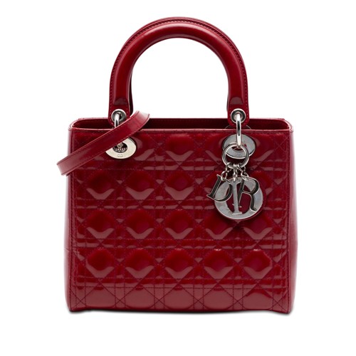 Dior Medium Patent Cannage Lady Pre-Loved Satchel Dark Red