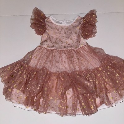 Lola + The Boys Goldie Star Dress Pink Tulle Foil Tiered Flutter Sleeve Size 4