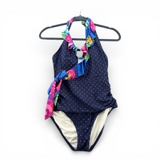 Matilda Jane Women's One-Piece Swimsuit Medium Blue Orange Polka Dot Ruffle