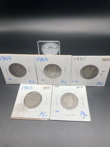 Lot of 5 1905 Barber Quarter 90% Silver US Coin Lot