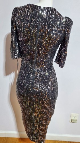 NEU CALVIN KLEIN PAILLETTEN SURPLICE SCHWARZ SILBERMANTELKLEID GRÖSSE 2 - Bild 3 von 4