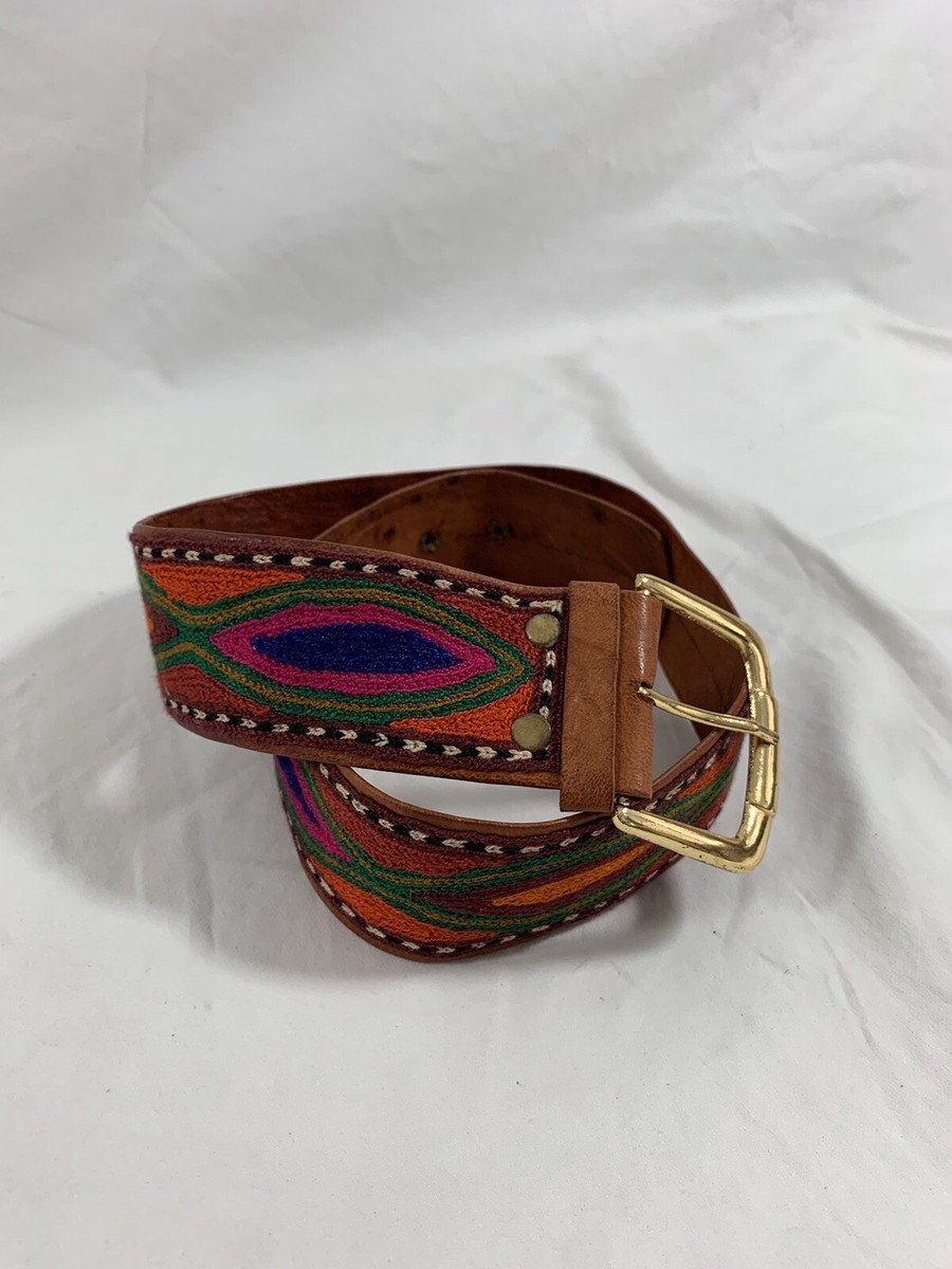 Vintage handmade waxed leather and embroidered colorful belt  display picture 3