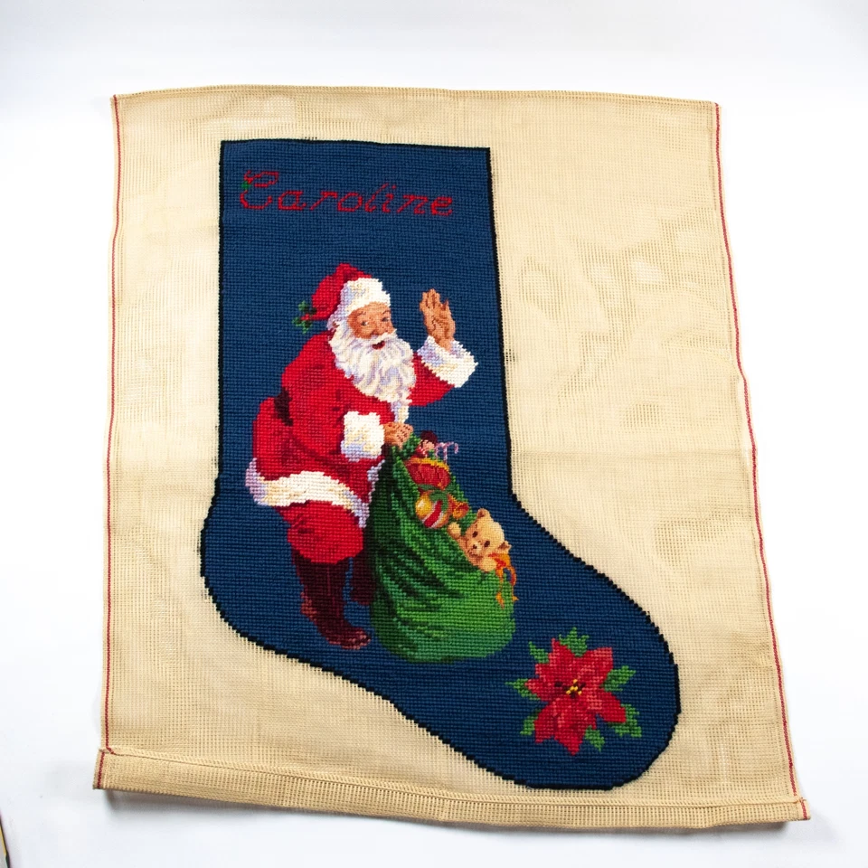 Vintage Needlepoint Petit Point Canvas Christmas Stocking Front Santa Toys Old - Image 3 of 4
