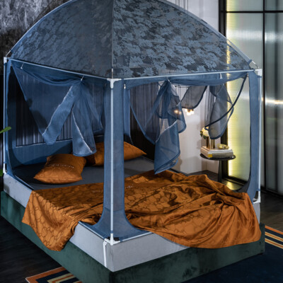 Mongolian Yurt Mosquito Net With Frames Three Doors Jaquard Print Bed Netting