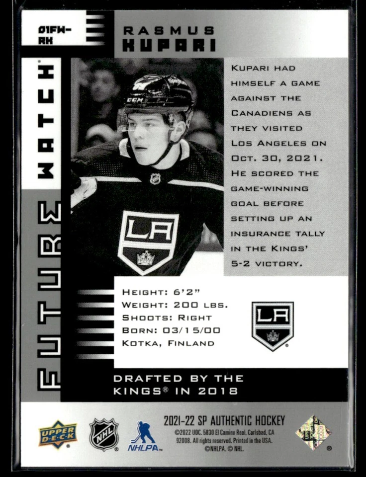 2021-22 Sp Authentic Future watch retro Rasmus Kupari /900 #01FW-RK - Image 2 of 2